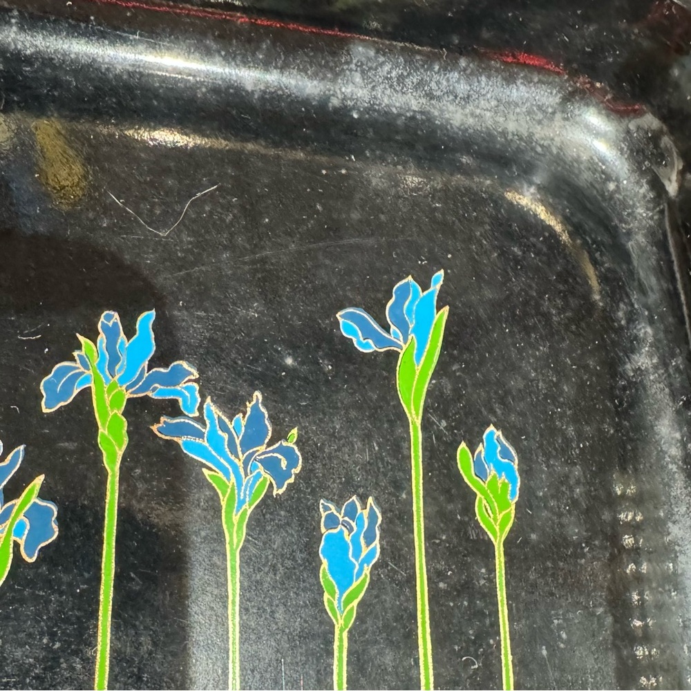 Set of 3 Japanese Lacquerware Nesting Serving Trays Blue Irises Woven Handles - Picture 11 of 12